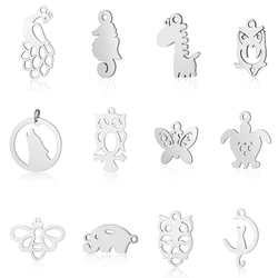 10pcs/lot Animal Turtle Seahorse DIY Charms Wholesale 316 Stainless Steel Night Owl Spider Butterfly Wolf Cat Connectors Charm