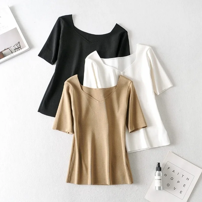 

plus Size Women's Summer New Style T-Shirt Maternity Top Square Collar Knittedwear Versatile Slimming Sister Fashionable Shor...