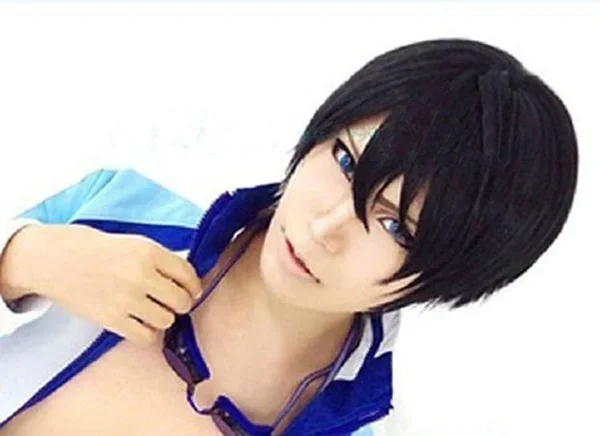 Curto em linha reta preto peruca de férias anime traje cosplay peruca traje masculino curto anime macio festa perucas de cabelo traje dia das bruxas