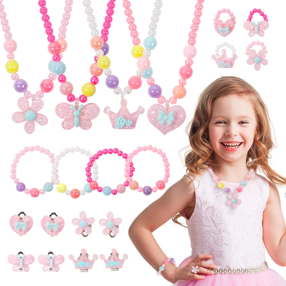 5Pcs/Sets Children\'s Hair Accessories Set With Necklace Hair Clip Ring Colorful Cute For Kids Gift Cartoon Clip Flower Hair Claw