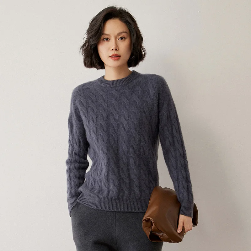 Damen-Komfortpullover aus 100 % Kaschmir, gestrickt, O-Ausschnitt, Kabelstich-Pullover, schlicht, sanft, exquisit, weich, warm, dick, langärmelig