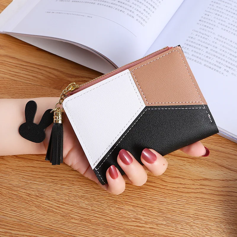 2024 New Short Wallet Women's Folding Zipper Wallet Color Contrast Tassel Clutch Bag Fashion Zero Wallet