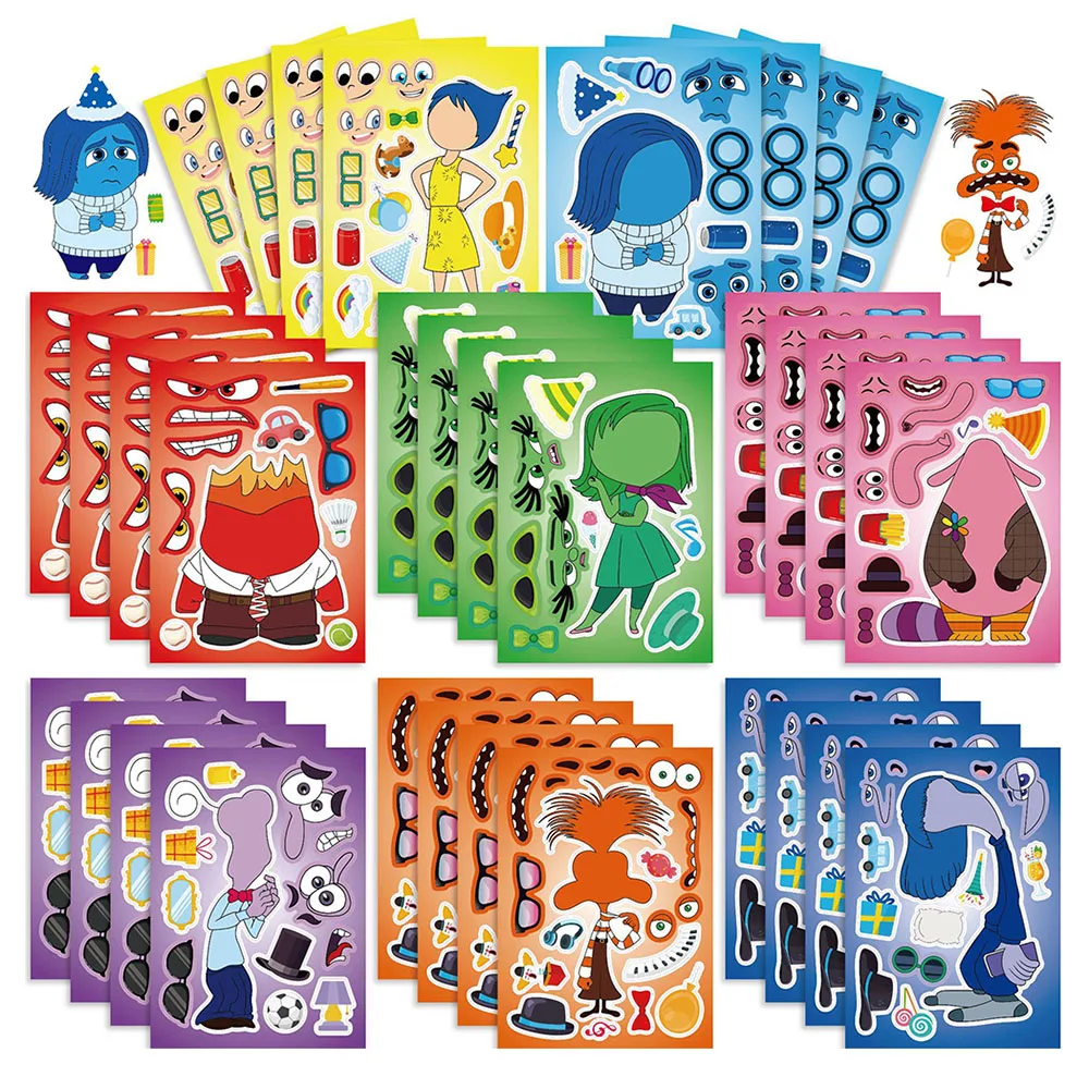 8/16Sheets Disney Inside Out Make a Face Puzzle Stickers Create your own Joy Sadness Assemble Jigsaw Games Kids DIY Toy Gifts