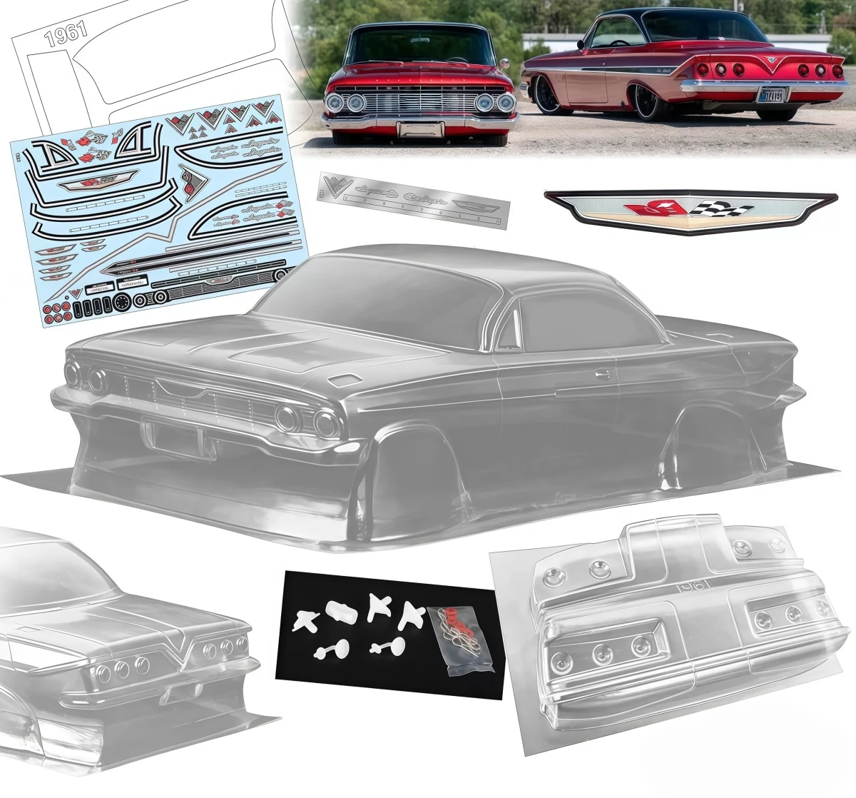 1961 Impala 1/10 Clear Classic Muscle Car Body Shell 200mm Width With Light Buckets and Decal For 1:10 RC Touring Drift VTA Car
