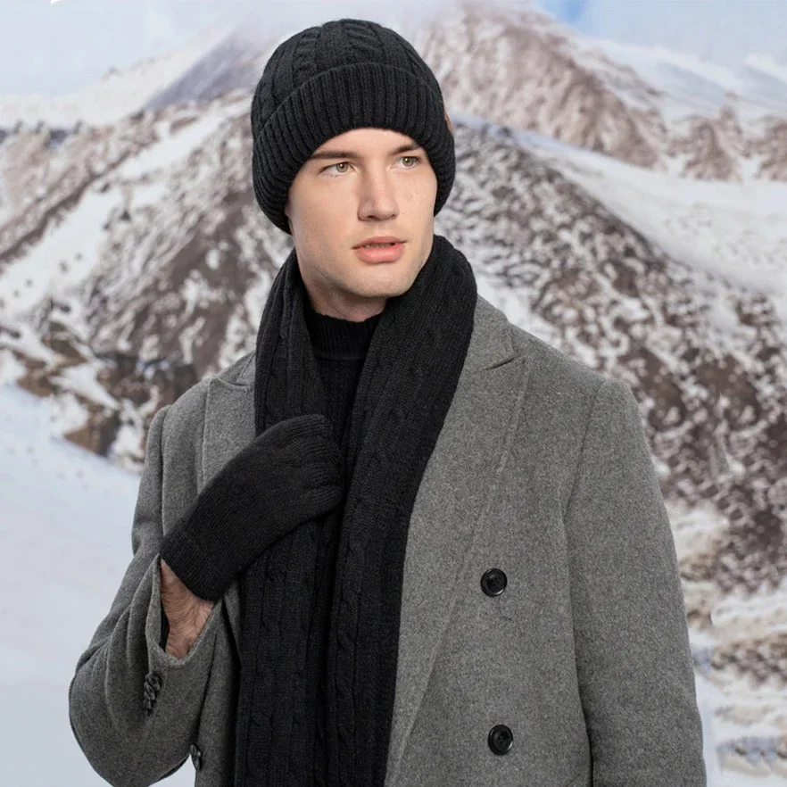 3pcs Wool Winter Hat Scarf Glove Sets for Men Women Beanies Hats Set Long Scarf Touch Screen Gloves