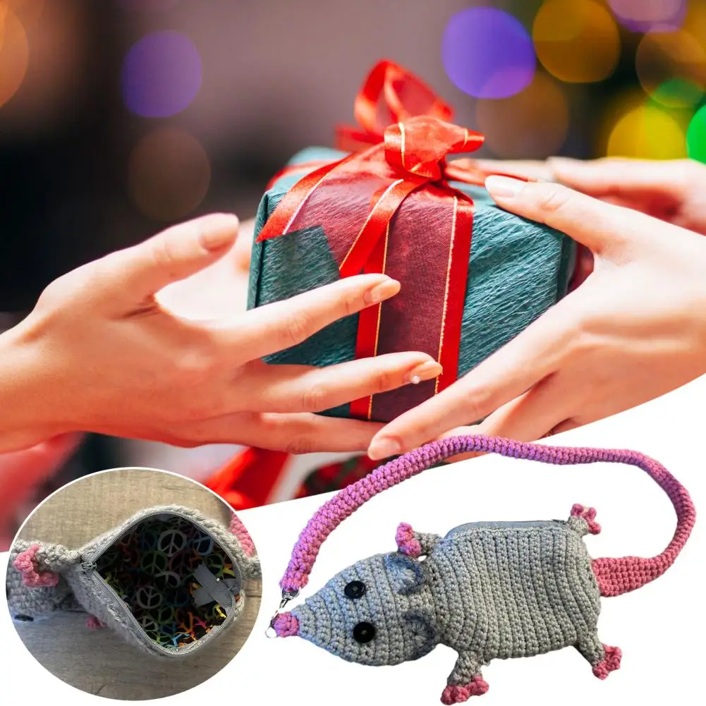 

Crochet Purses Handmade Mouse Shape Coin Purse Small Knitted Zippered Wallet for Girls Ladies Valentine's Mother's Day Gift