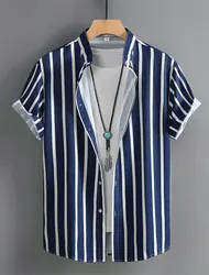 Camisa con botones para hombre, camisa informal de verano, camisa de manga corta de playa, cuello de banda a rayas, ropa Hawaiana de moda