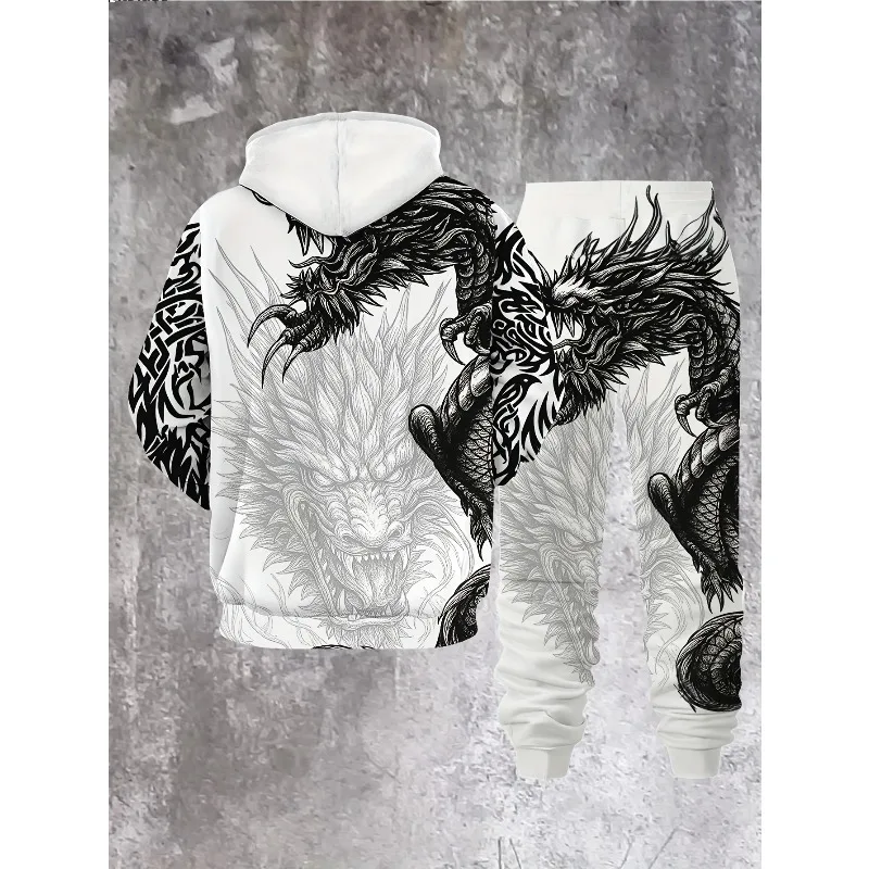 2025 Conjunto de 2 piezas con capucha y pantalones deportivos con estampado de bestia voladora y estampado digital 3D