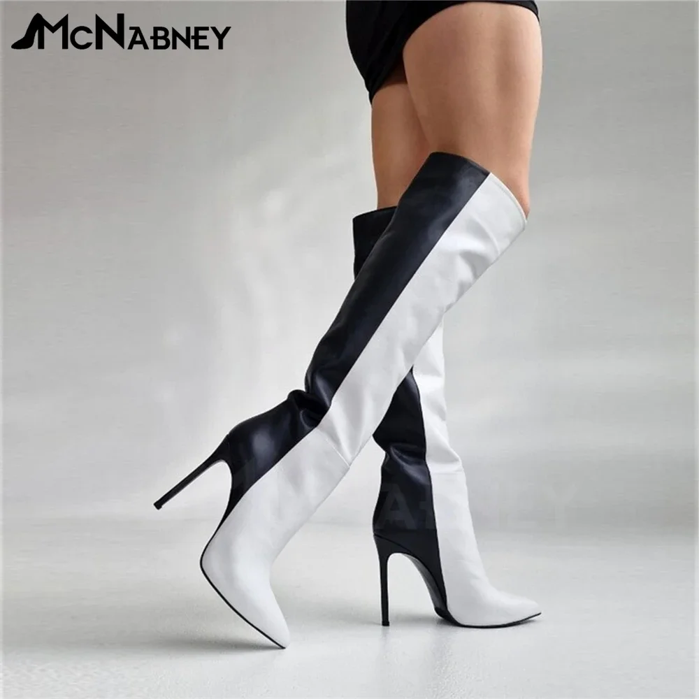 Black and White Pointed Toe Boots Fashion Style High Heel Knee Boots Customizable Color Large Size Shoes Women's Sexy Knee Boots