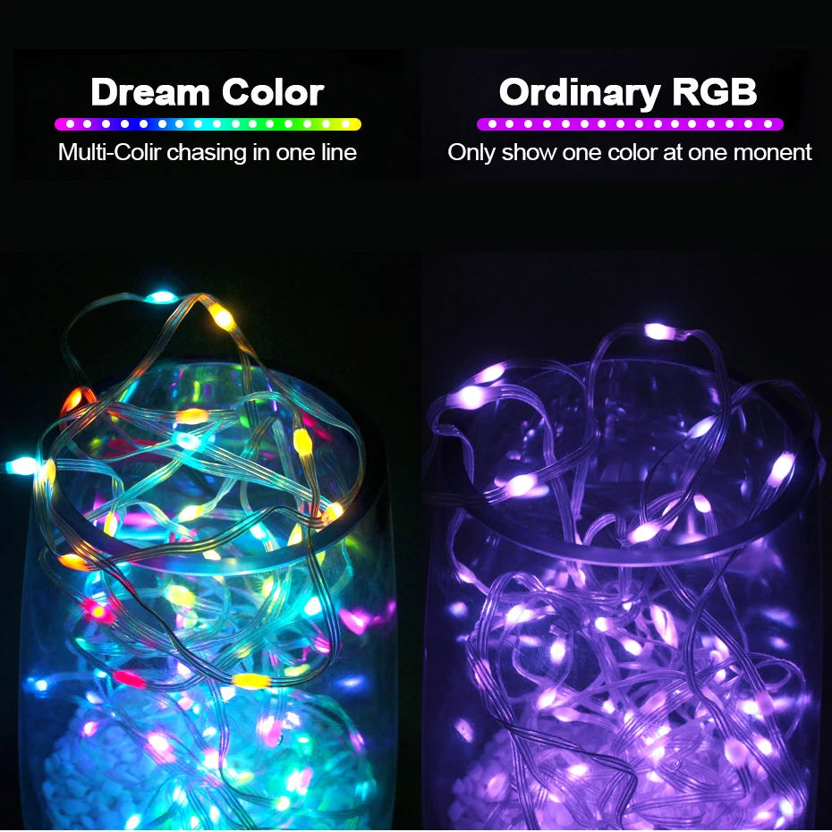 Dreamcolor-Cadena de luces LED USB con Control Bluetooth, luz de hadas inteligente WS2812B, lámpara de Navidad RGBIC para decoración de jardín y boda