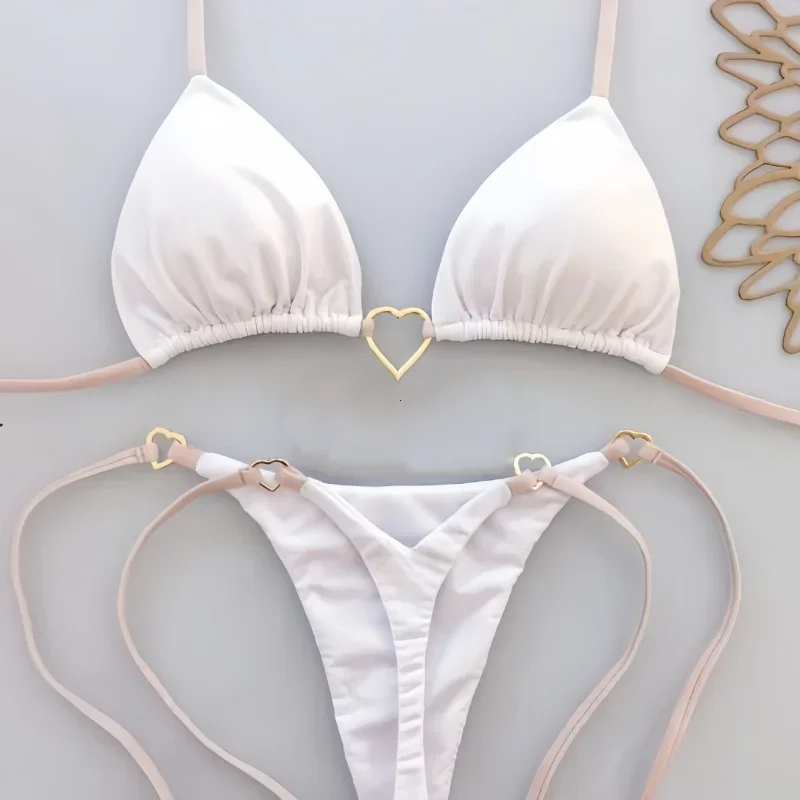 

2025 Solid Color White Bikini Women Suit Low Waist Lace-up Swimsuit Two-piece Set swimwear women bathing suit купальник