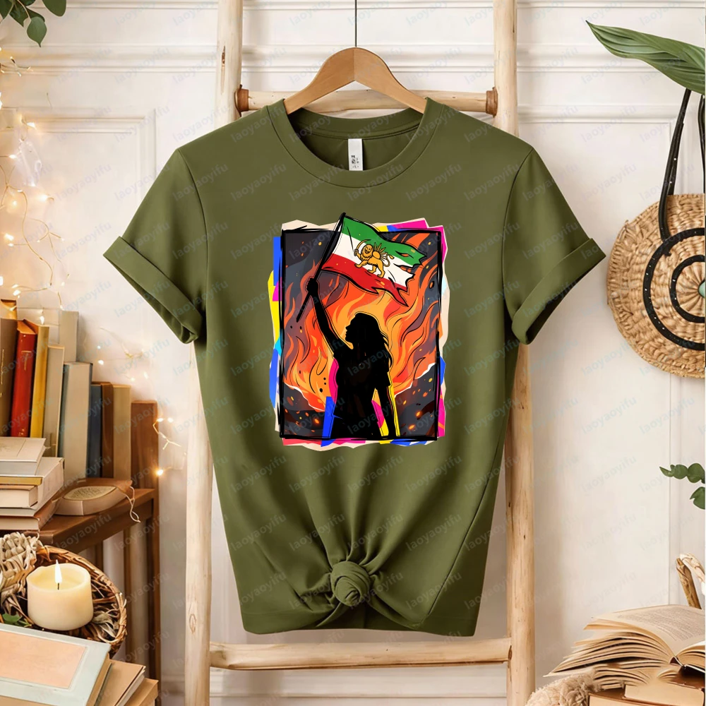 

Women's Iran Flag Graphic T-Shirt Persian Lion Flag Art Tee Patriotic Crewneck Top Casual Cotton Shirt for Cultural Advocates