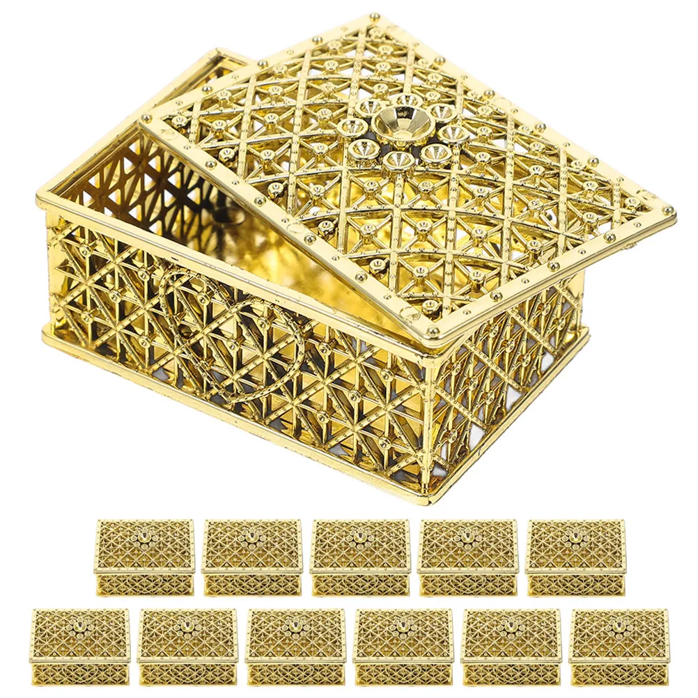 12Pcs Gold Tone Rectangular Jewelry Storage Box Hollow Artistic Design Treasure Chest Shape Candy Box Trinket Organizer