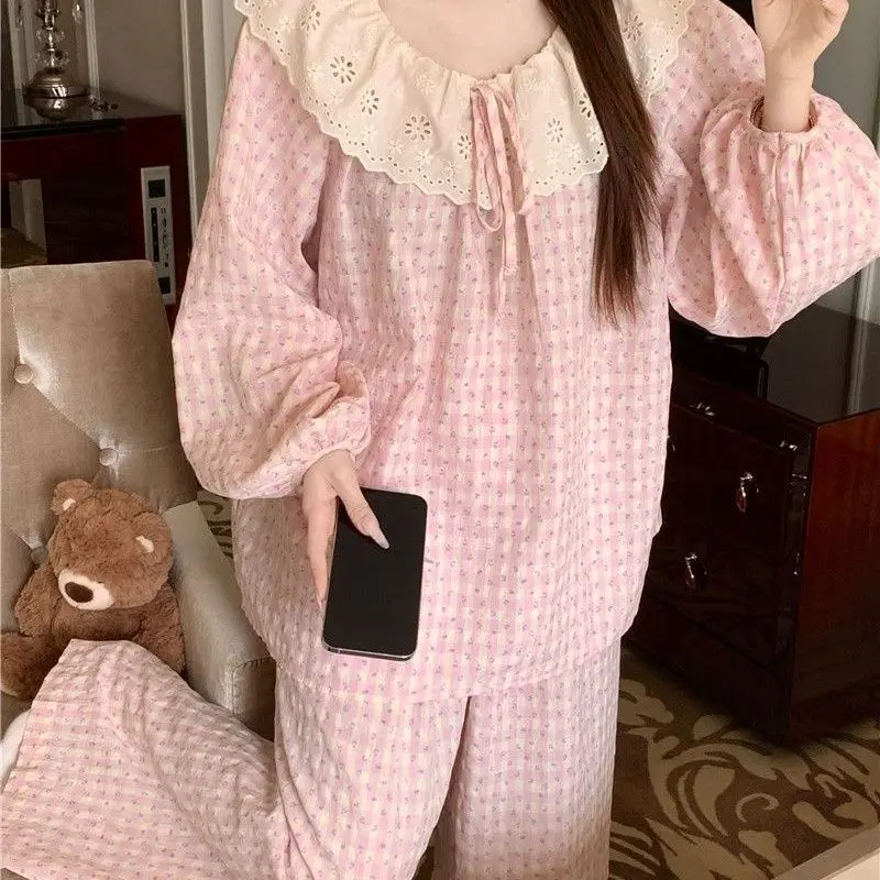 

Pajama Sets Women's Spring Autumn 2025 New Long Sleeve Korean Style Cute Lace Home Clothes 2-piece Set Pajamas Pieces Clothing