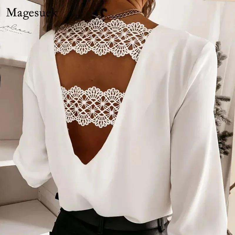 2024 Back V-shaped Hollow Lace Stitching Pullover White Blouse Fashion Sexy V-neck Autumn and Winter Long-sleeved Shirt  12460