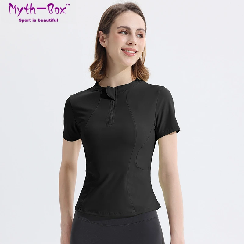 

Летние женские рубашки для йоги, тонкая футболка с короткими рукавами, воротник на молнии, спортивная рубашка для бега, изогнутый подол, топ для спортзала и фитнеса, блузка женская