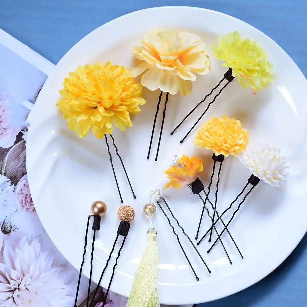 

Exquisite Japanese Style Flower Hair Forks Handmade Cloth Japanese Kimono Hair Clips Flower Vintage Tassels Hair Stick Girls