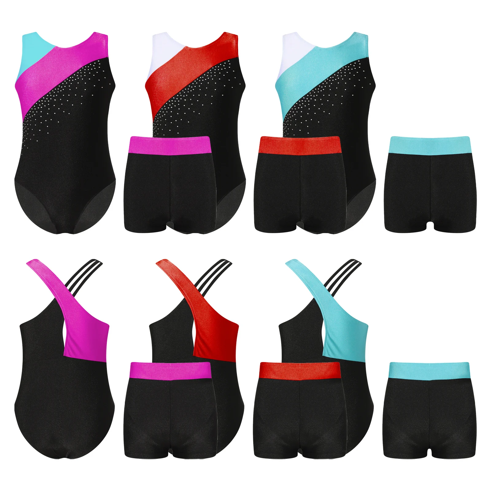 

Kids Gils Performance Dance Outfit Sparkling Sleeveless Leotard Crisscross Straps with Matching Elastic Shorts Gymnastic Wear