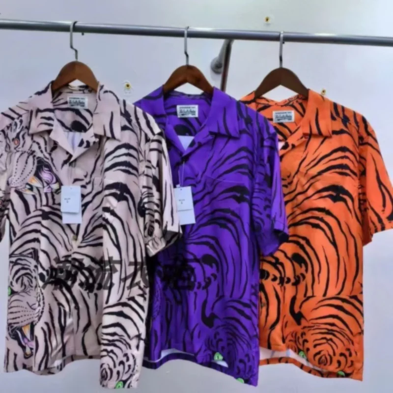 

Trend High Quality WACKO Tiger Print Hawaii Rayon Men's Short Sleeve Shirt Women's Flip Neck Tops