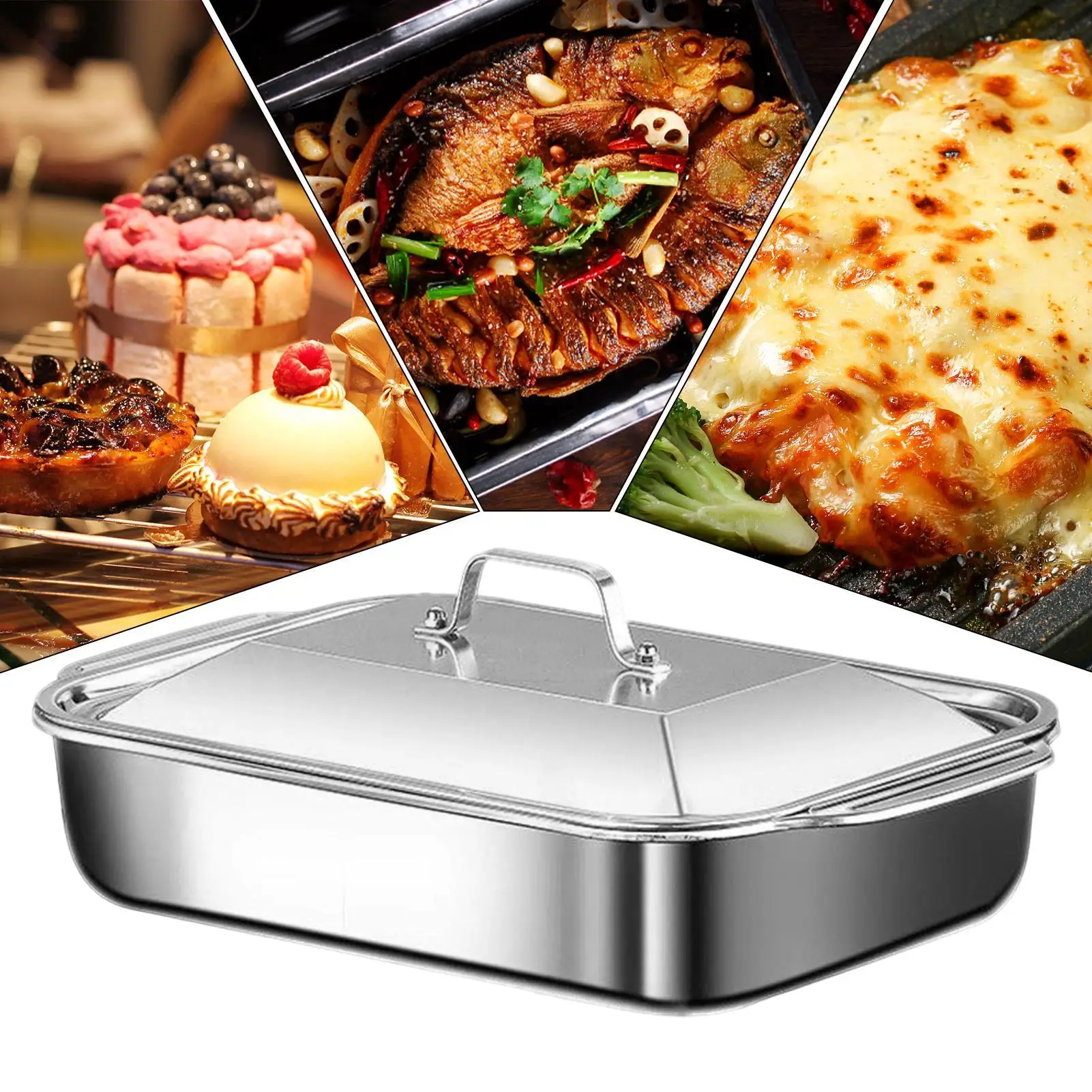 Bandeja para hornear de acero inoxidable con tapa, utensilios para hornear pasteles, bandeja para hornear en horno, sartén para pescado a la parrilla, moldes para lasagna, accesorios de cocina
