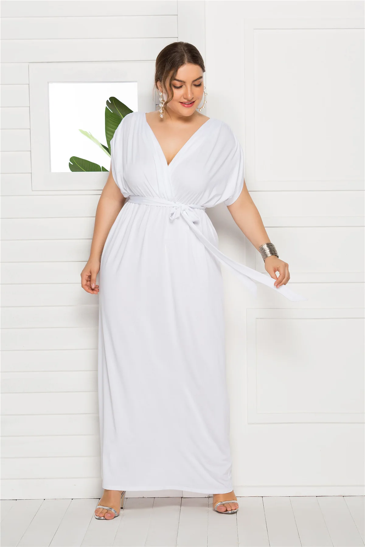 Plus Size Dress 2022 V-Neck Short Sleeve Solid Color Pattern And Ankle Slim Summer High Waist A-Line Skirt Elegant Party