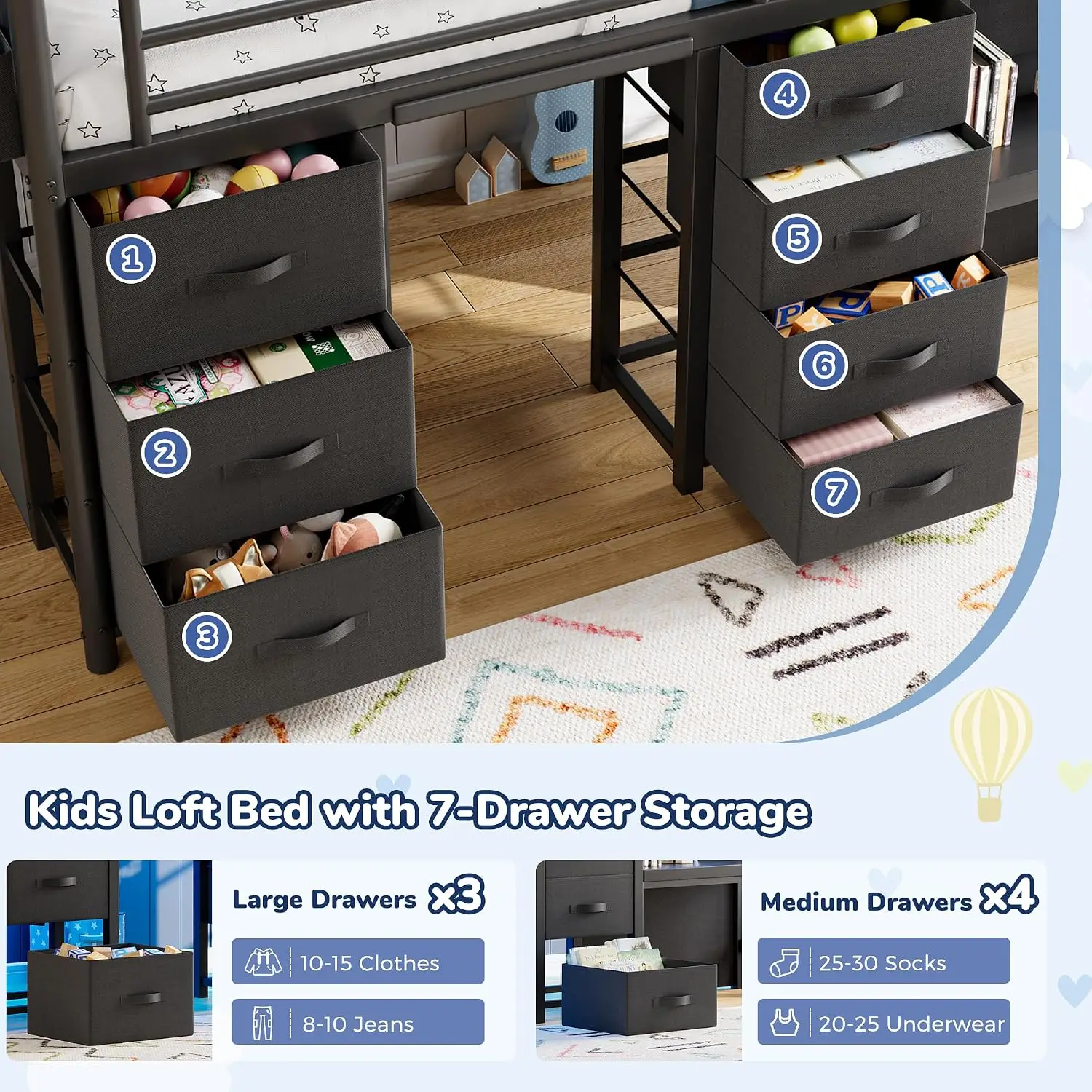 Twin Low Loft Bed 7 Storage Drawers Desk LED Lights Heavy Metal Kids Safety Guardrail Anti Collision Pad Play Curtain Under Bed