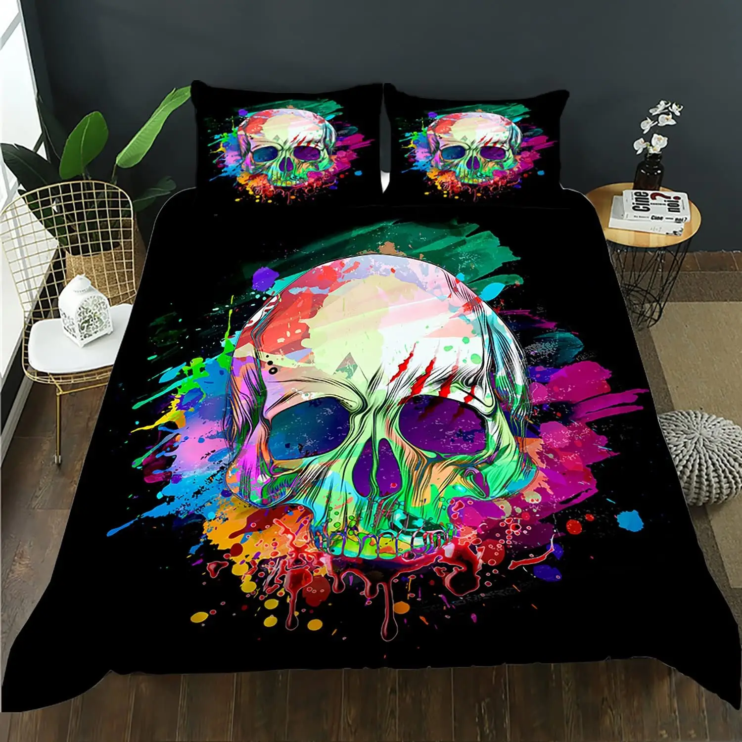 

Teen Boys Skull Bedding Set King Size Comforter Cover Skeleton Theme Duvet Cover Print Skull Pattern Bedding