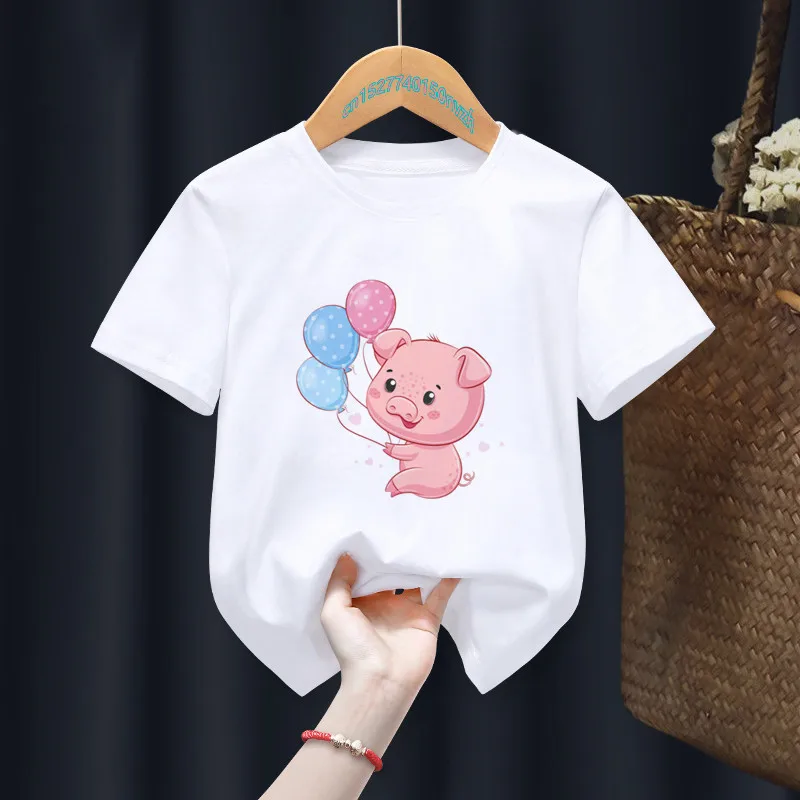 2024 Kawaii Flying Pig Cartoon White Kid T-shirts Boy Animal Tops Tee Children Summer Girl Gift Present Clothes ,Drop Ship