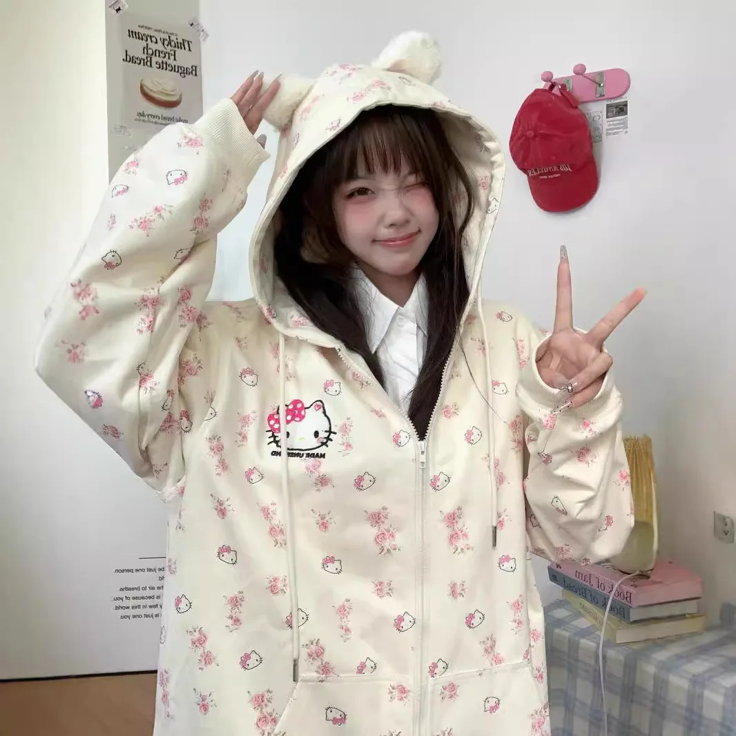 Hello Kitty Kawaii Fully Printed Floral Cardigan Hooded Sweatshirt Girls Autumn Loose Coat Anime Fashion Oversized Jacket Gifts