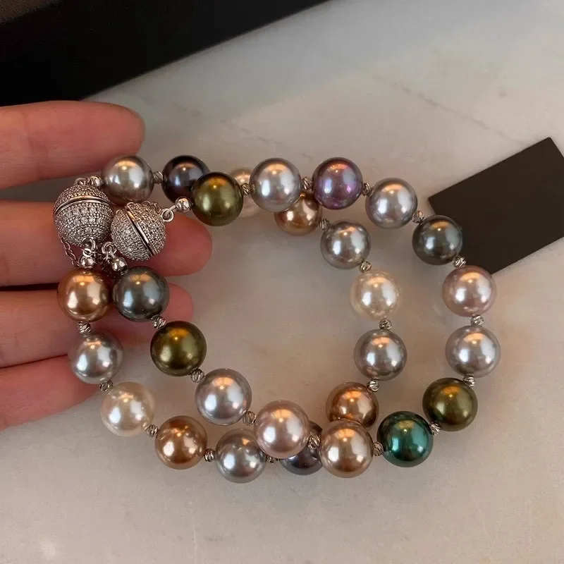 

"Black Butterfly Queen" Tahiti Mixed-color Morandi Color Shijia Pearl Bracelet Light Luxury Anti-magnetic Buckle Bracelet