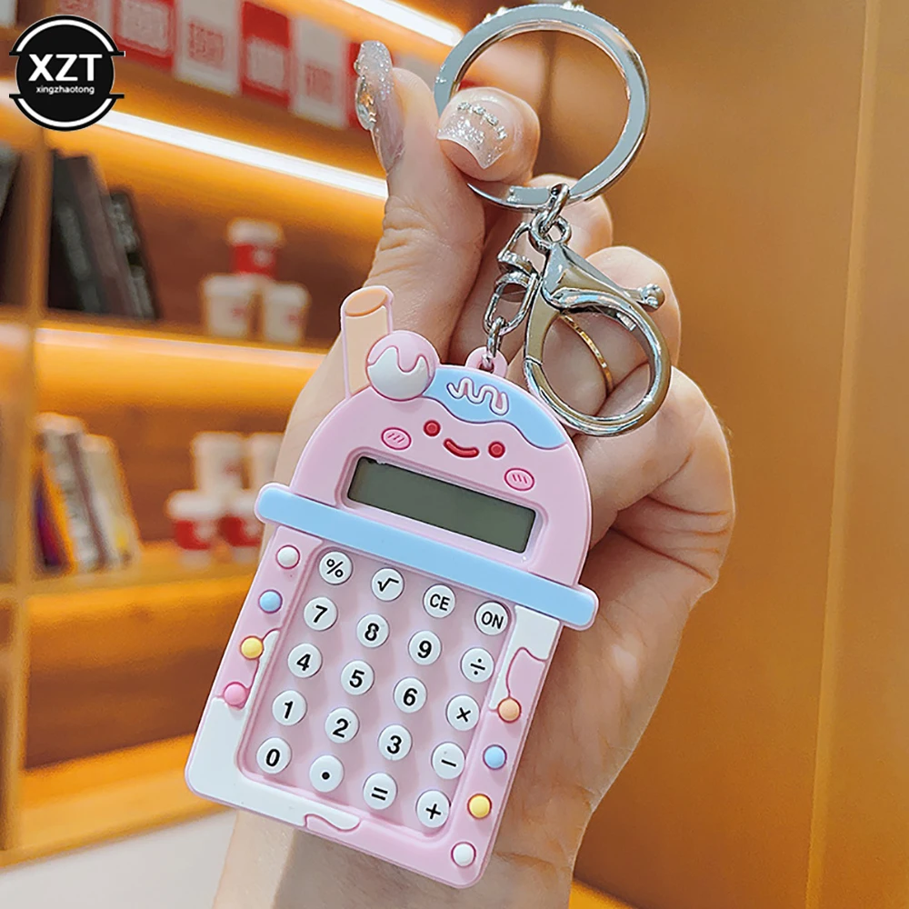 Mini Portable Key Chain Calculator Milk tea cup Style Ultra-thin Button Battery Creative Candy Color Calculator for School Kid