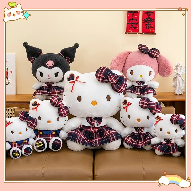 Miniso New Kawaii Plaid Shirt Series Hello Kitty Plush Toys Throw Pillow Children's Dolls Give Friends Valentine's Day Gifts