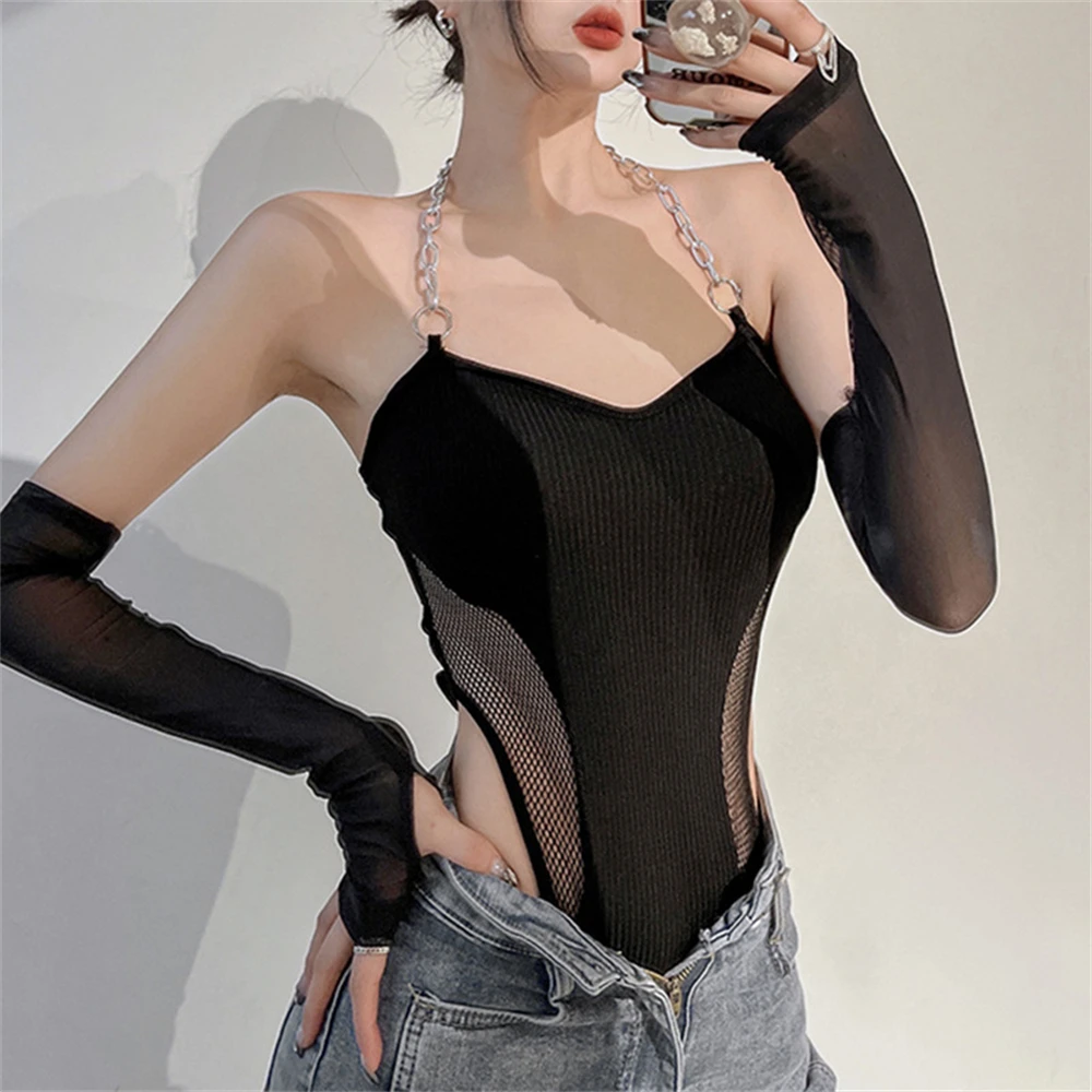 Summer Sexy Lingerie Bodysuit Women Sexiest Body Suit For Ladies Chain Halter Jumpsuit Clubwear Black Sheer Mesh Patchwork Tops