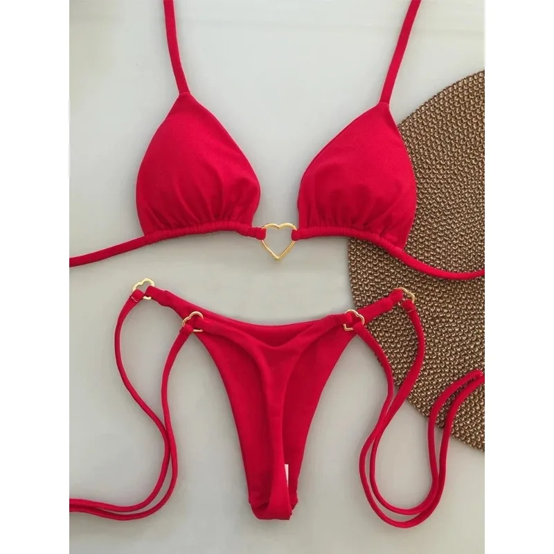 Women Bikini Set Contrast Gold Heart Ring Detail Triangle Top With Tie Side Thong Bottom Sexy Summer Beach Bathing Suit Swimwear view 6
