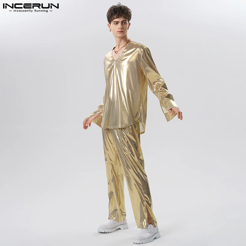 2023 Men Sets Shiny Streetwear V Neck Long Sleeve T Shirt & Pants Two Pieces Sets Loose Party Fashion Men\'s Suits S-5XL INCERUN