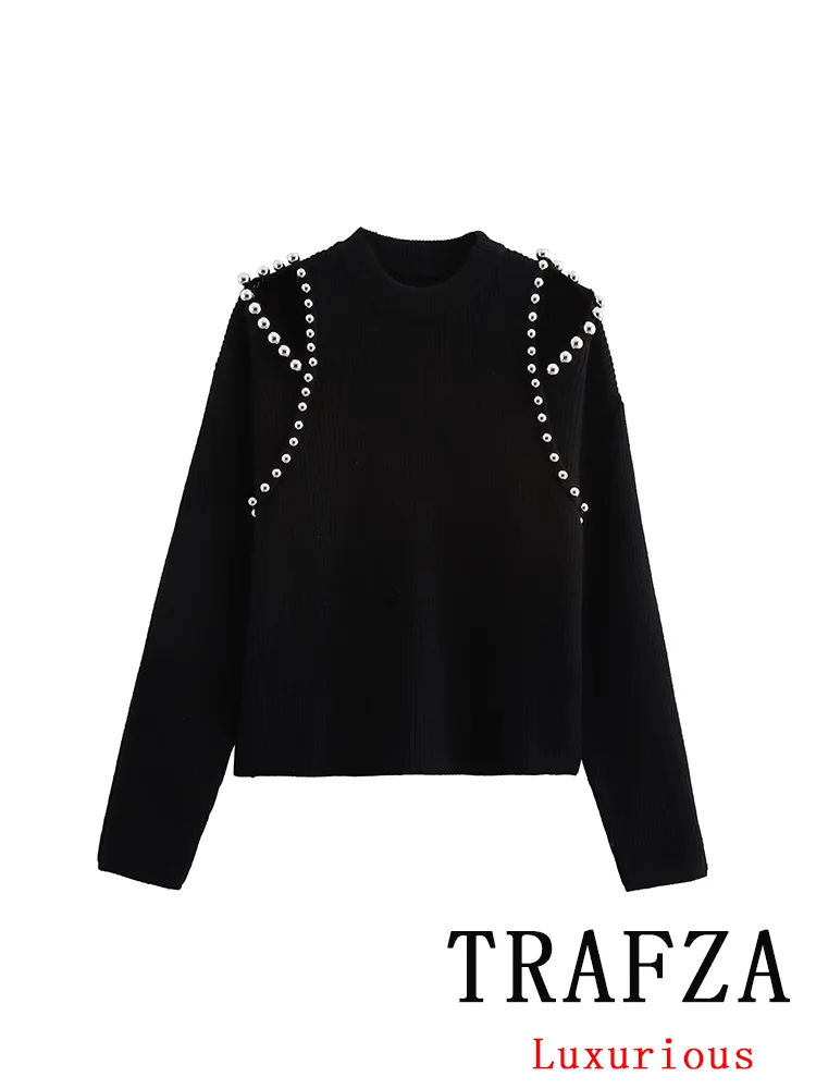 TRAFZA Vintage Casual Women Sweater Solid O-Neck Ball Long Sleeve Knitted Loose Sweater New Fashion 2024 Autumn Holiday Sweater