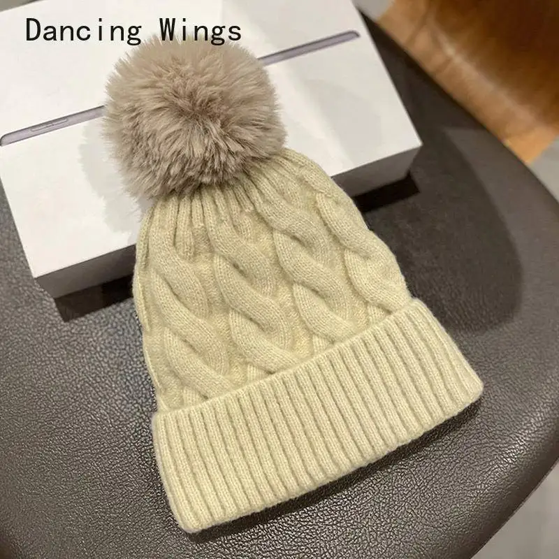 

Winter Fur Pompom Hat For Women Cashmere Wool Cotton Hat Big Real Rabbit Fur Pompom Beanies Cap