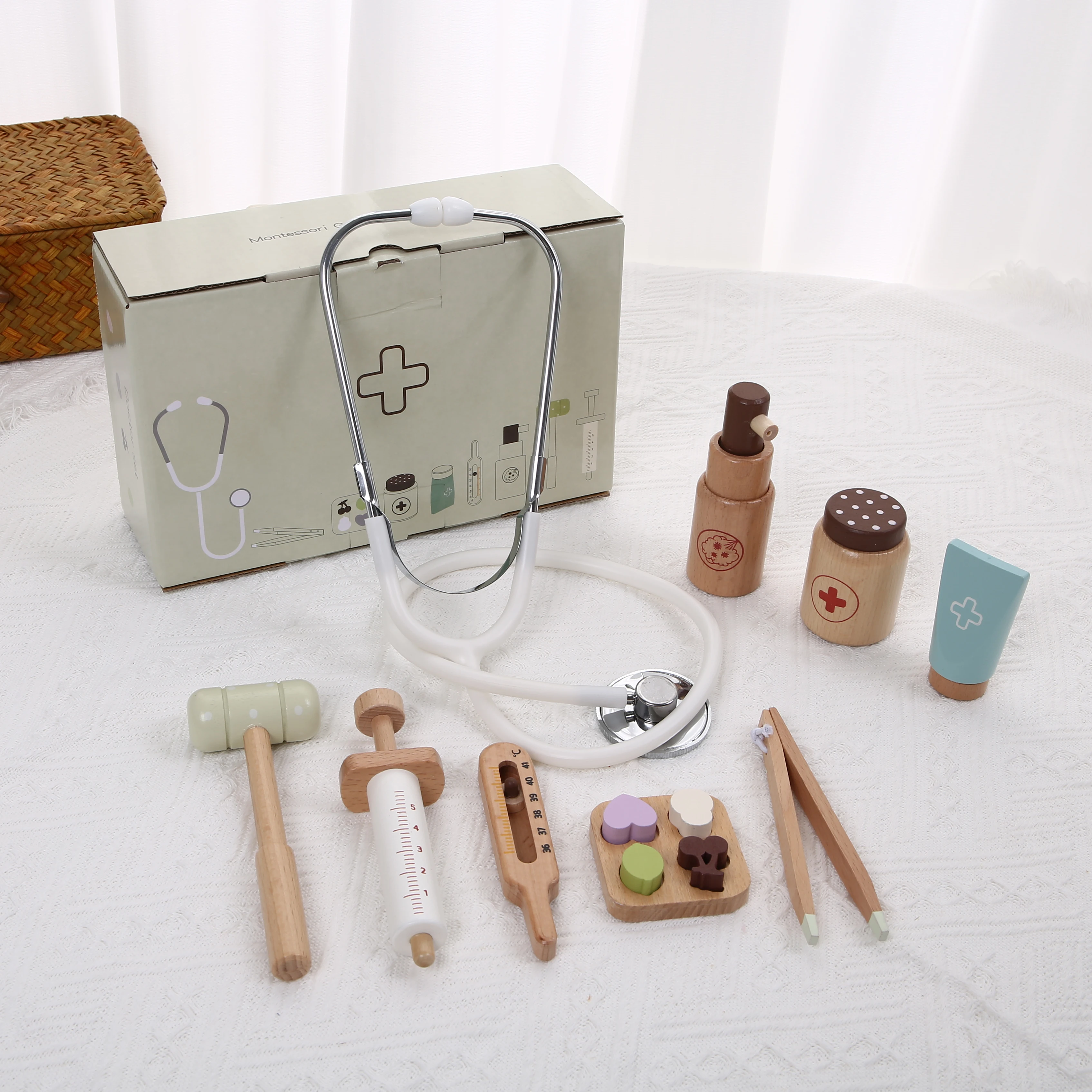 Kit medico per stetoscopio da infermiera simulato per bambini, set di siringhe, giocattolo per casa da gioco per ragazzi in legno