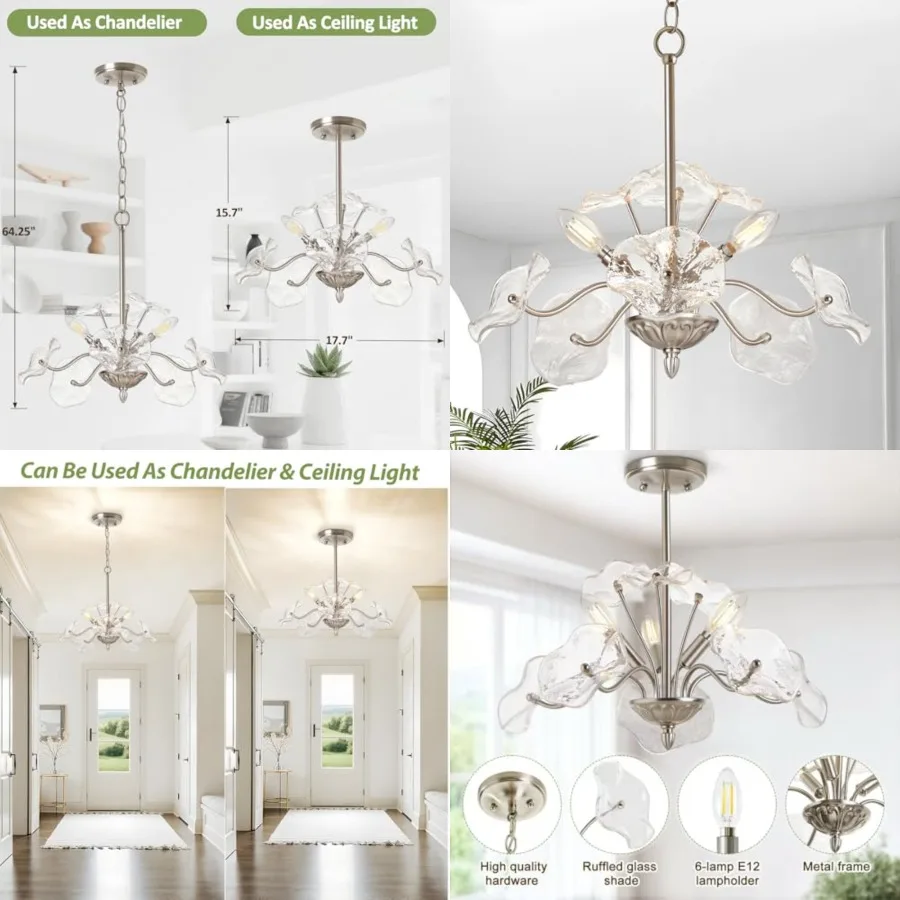 

Modern Brushed Chandelier, Vintage Flower Glass Pendant Light Fixture, Mid Century Ceiling Light Fixture for Dining Room, Kitch
