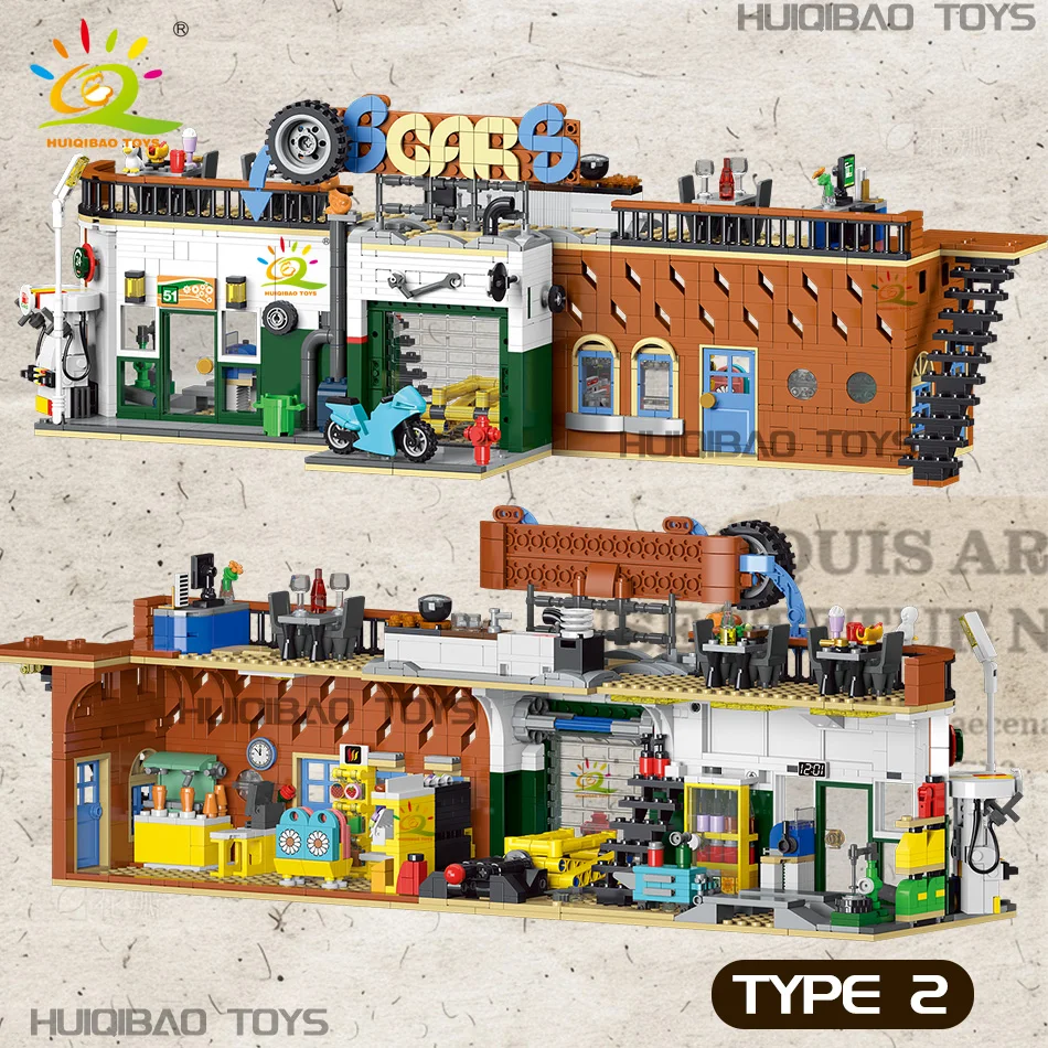 HUIQIBAO 1637PCS 2in1 도시 자동차 서비스 센터 모델 빌딩 블록 DIY 차고 자동차 수리점 장식 벽돌 장난감 성인