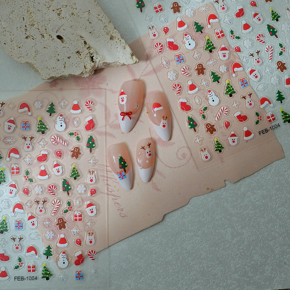 Christmas Nails Stickers Nail Santa Claus Reindeer Snowman Tree Cane Candy Design Self-adhesive Nail Art Stickers Decoration DIY