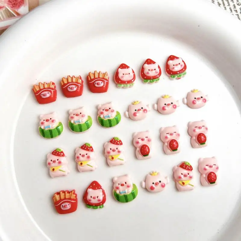 20PCS น่ารัก Powder Blusher Srawberry Piglet เล็บ Charms การ์ตูนแตงโมหมูเรซิ่นตกแต่งเล็บสําหรับ DIY เคสโทรศัพท์เล็บ