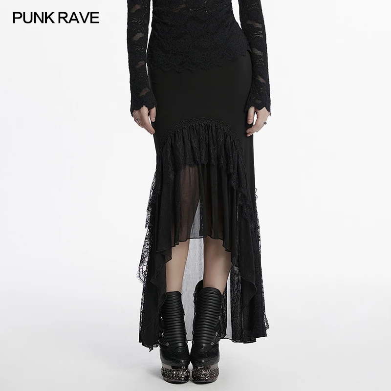 

PUNK RAVE Women's Gothic Elastic Knitted & Chiffon Asymmetrical Skirt Exquisite Lace Hidden Zipper Sweet Cool Half Skirts
