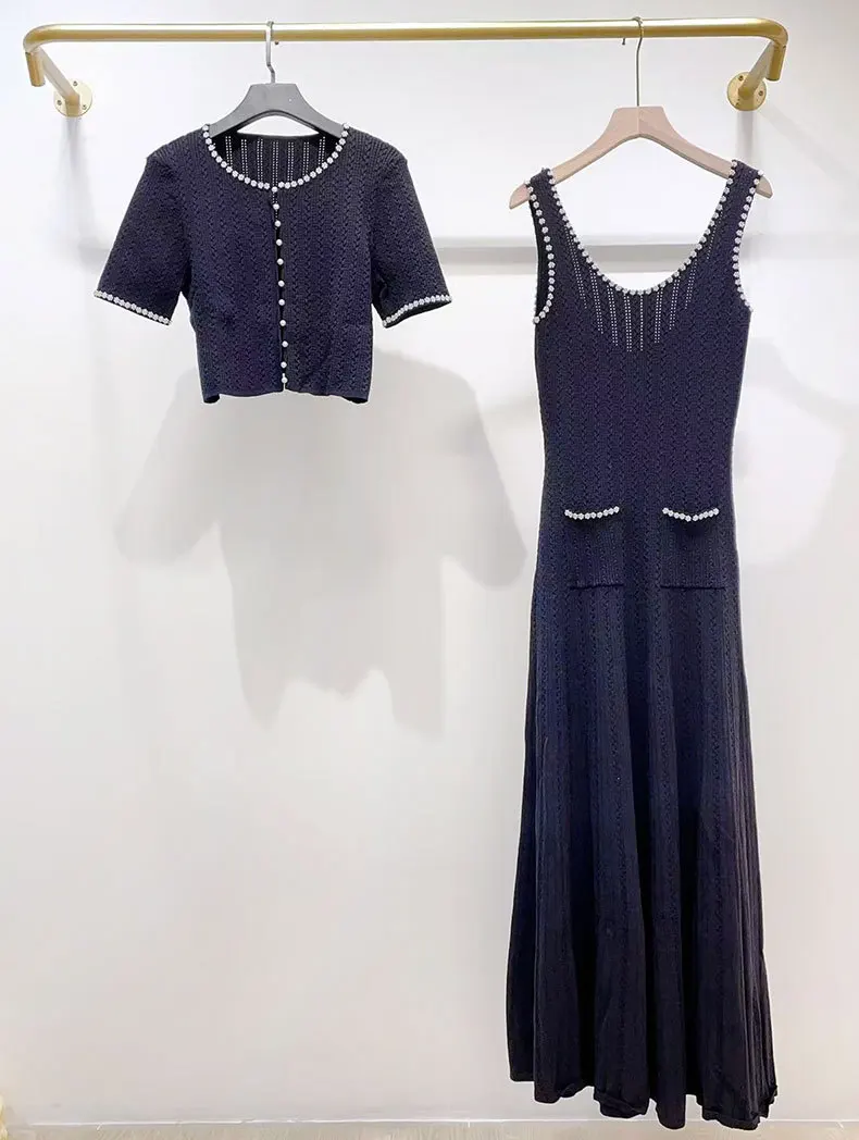 

Women's Pearl Decoration Knitted Dress Set Sleeveless Camisole Maxi Robe + O-Neck Single Breasted T-shirt Top Elegant Suit