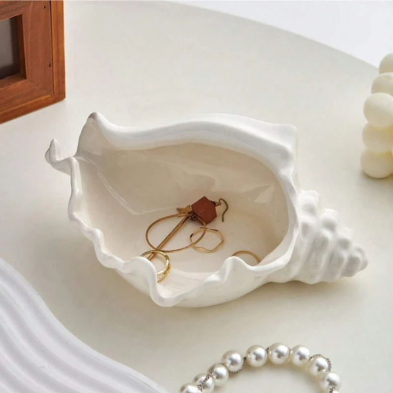 Ceramic Shell Jewelry Tray Organizer Nordic Style for Desk Decor Creative Minimalist Trinket Dish Home Table Shelf Stand Unit