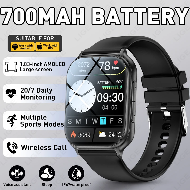 

2026 LIGE Smart Watch 1.83" HD Screen Waterproof Multiple Sports Modes Fitness Tracker Voice Assistant Wireless Call smart watch