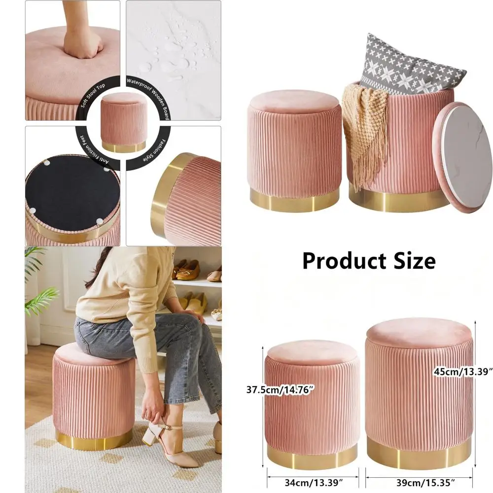 

Pink Velvet Storage Ottoman Set, 2-Piece, Dorm Vanity Stool with Storage, Footrest, Home Organization