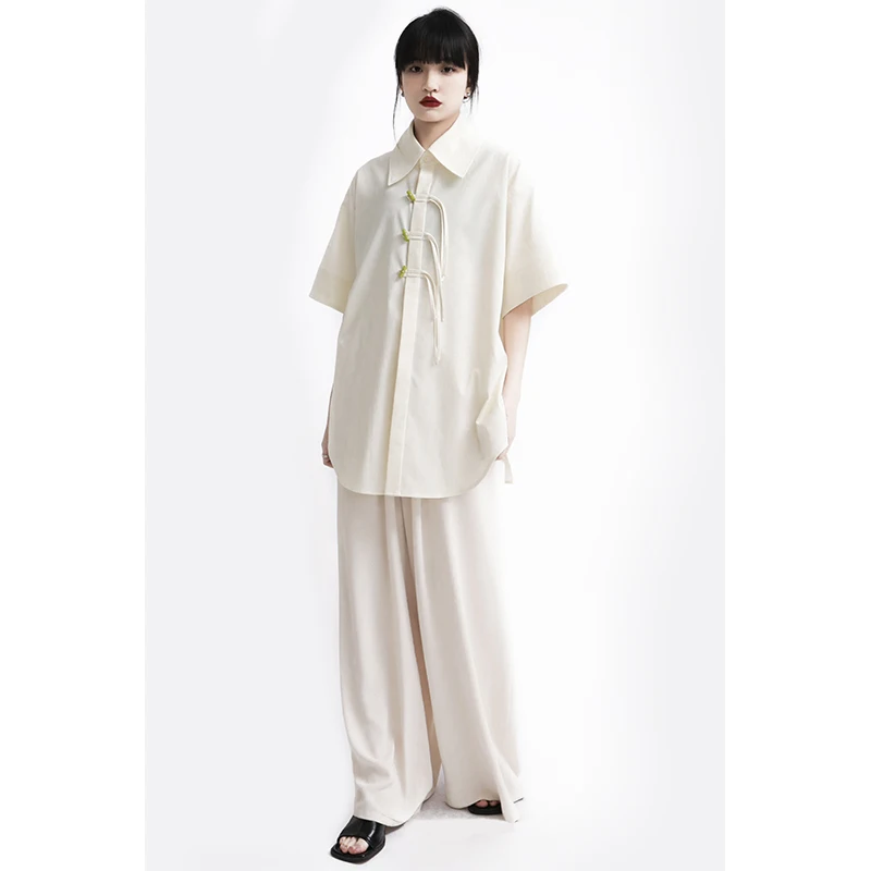 

Apozi New Chinese Sle Loose ort Sve irt Women's Button up Collar Loose Top Cotton Polyester Blend Summer New Arrival