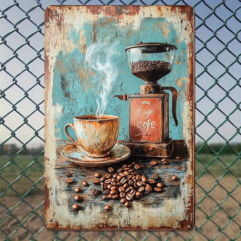 2D Flat - 1 Piece Vintage Coffee Grinder and Mug Metal Wall Decor, Easy To Hang Rustic Style Decoration, for Office, Home