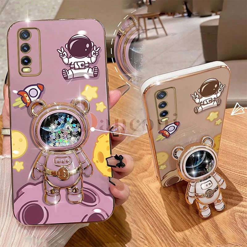 Cheering astronauts Plating Phone Holder Case For VIVO Y20 Y20i Y33T Y20S Y35 Y30 Y22 Y76 V25 Y12S Y91 Y21 Y15 V25E Cover